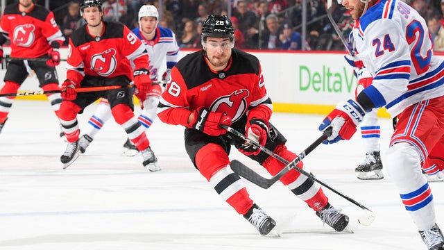 Timo Meier #28 of the New Jersey Devils skates during the first period of the game against the New York Rangers at Prudential Center on April 5, 2025 in Newark, New Jersey. 